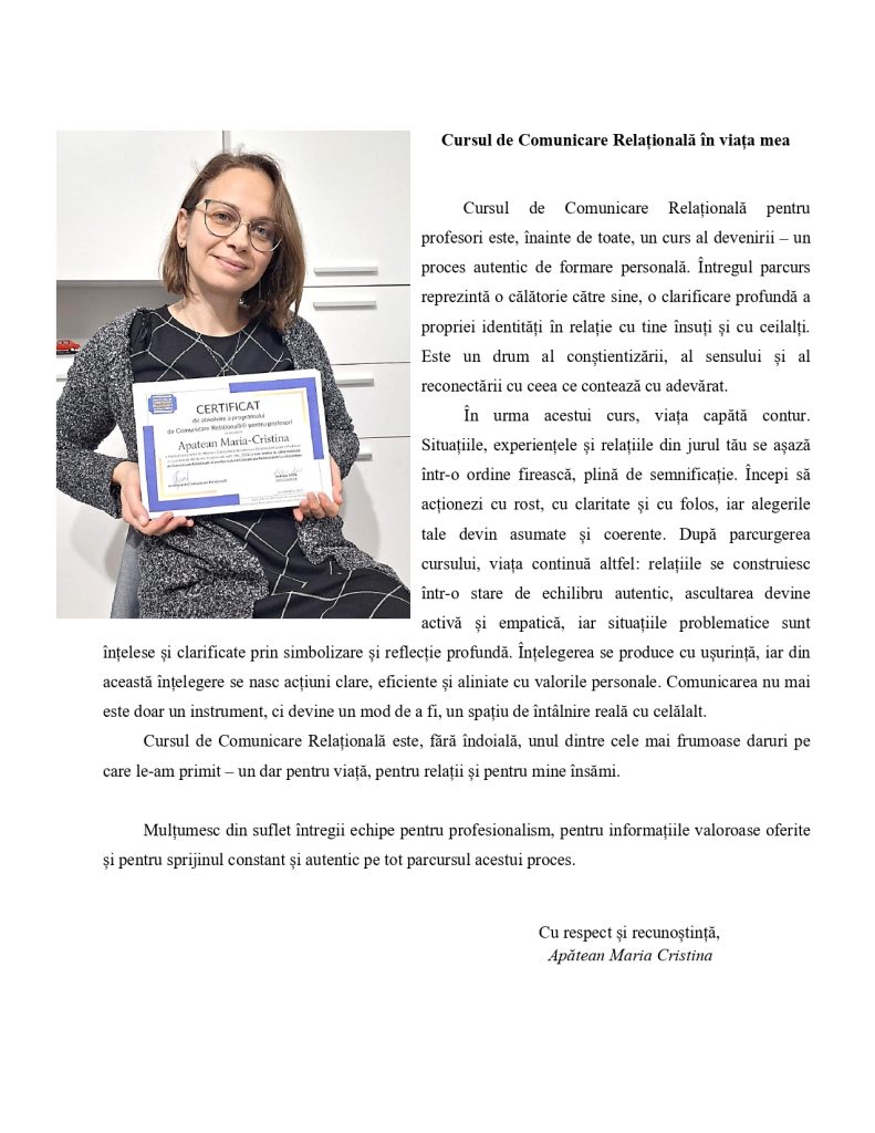 Profesor- Cursant- Formare Comunicare Relationala - Maria Apatean _ Daniela Fieraru _Antonia NOEL